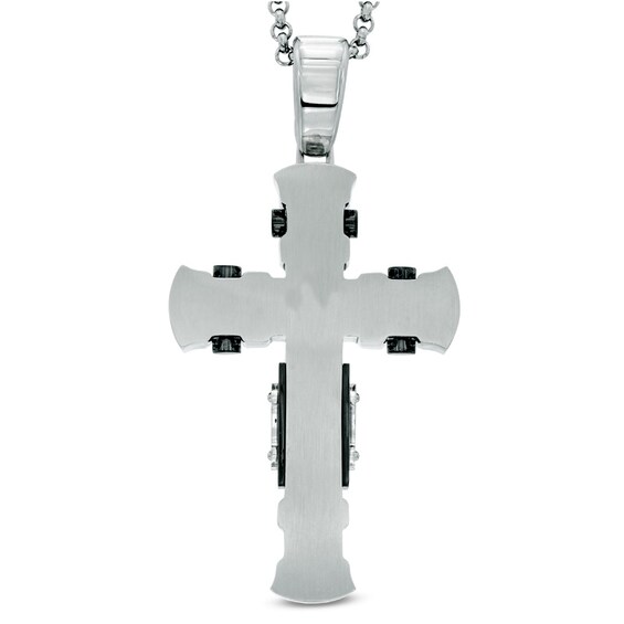 Men's Black Diamond Accent Tribal-Inspired Cross Pendant in Two-Tone Stainless Steel - 24"