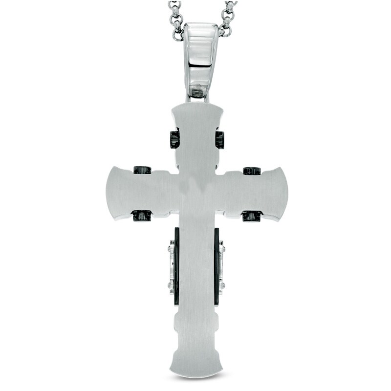 Main Image 2 of Men's Black Diamond Accent Tribal-Inspired Cross Pendant in Two-Tone Stainless Steel - 24"