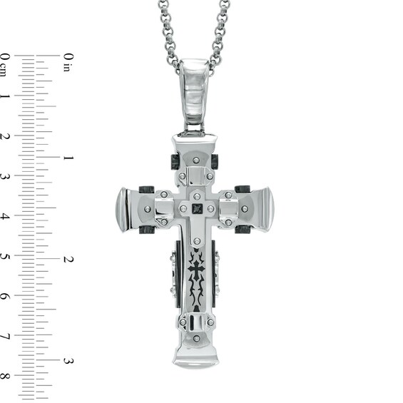 Men's Black Diamond Accent Tribal-Inspired Cross Pendant in Two-Tone Stainless Steel - 24"