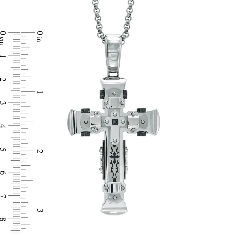 Main Image 3 of Men's Black Diamond Accent Tribal-Inspired Cross Pendant in Two-Tone Stainless Steel - 24"