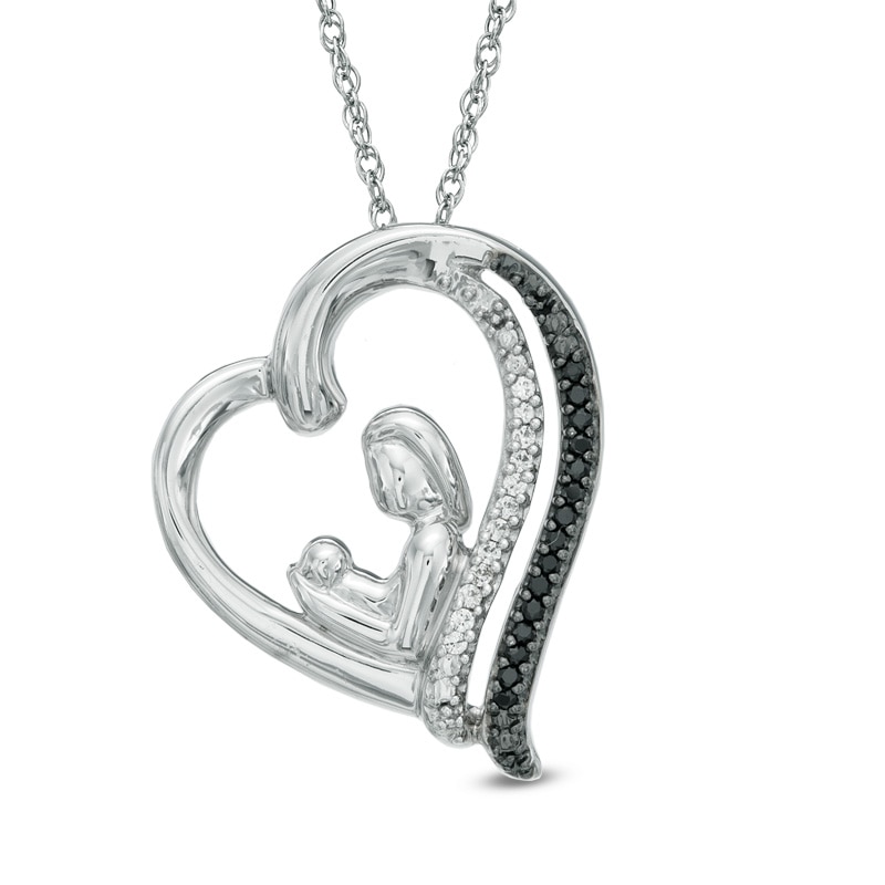 Main Image 1 of 1/10 CT. T.W. Enhanced Black and White Diamond Motherly Love Tilted Heart Pendant in Sterling Silver