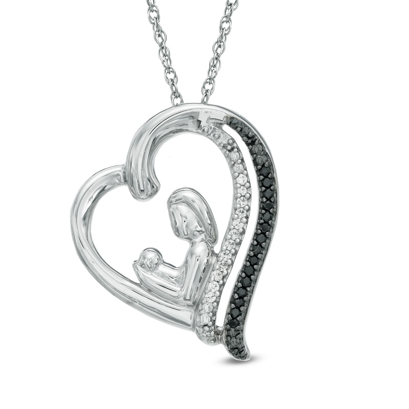 1/10 CT. T.W. Enhanced Black and White Diamond Motherly Love Tilted Heart Pendant in Sterling Silver