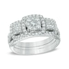 Thumbnail Image 1 of 1 CT. T.W. Diamond Three Stone Frame Cluster Three Piece Bridal Set in 10K White Gold