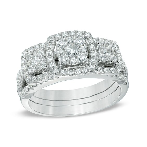 1 CT. T.w. Diamond Three Stone Frame Cluster Three Piece Bridal Set in 10K White Gold