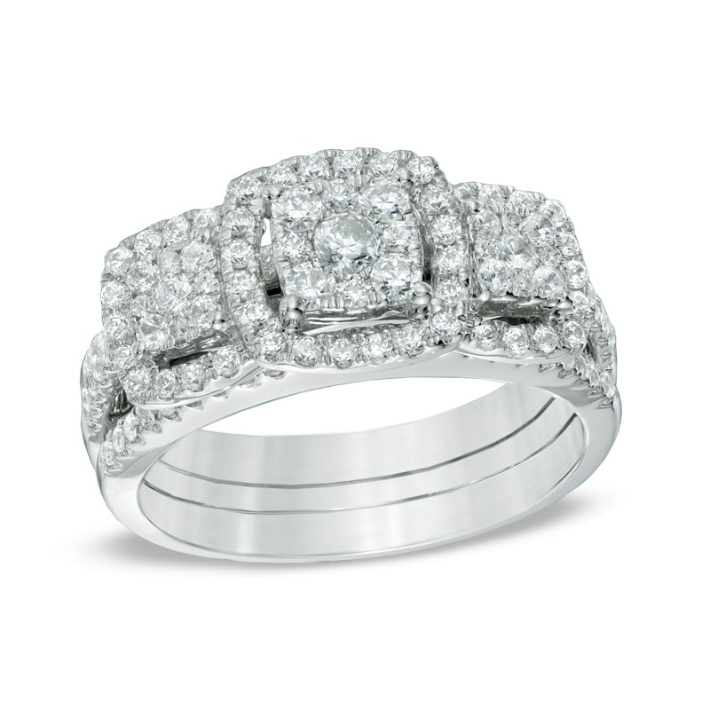 Main Image 1 of 1 CT. T.W. Diamond Three Stone Frame Cluster Three Piece Bridal Set in 10K White Gold