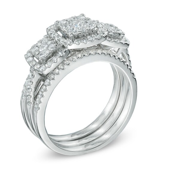 1 CT. T.w. Diamond Three Stone Frame Cluster Three Piece Bridal Set in 10K White Gold