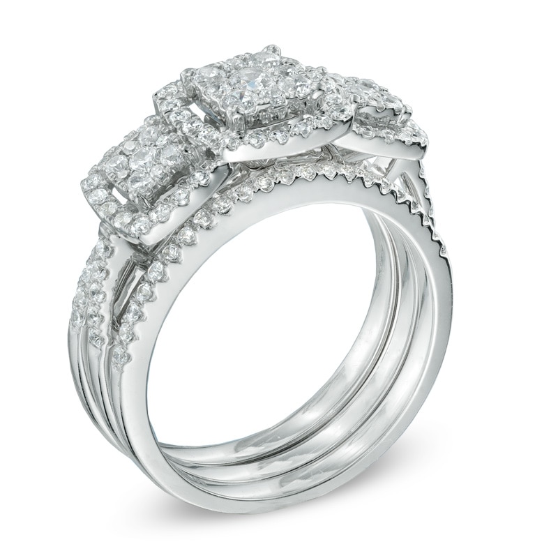 Main Image 2 of 1 CT. T.W. Diamond Three Stone Frame Cluster Three Piece Bridal Set in 10K White Gold