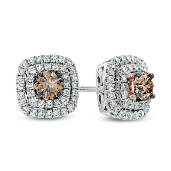 1 CT. T.w. Champagne and White Diamond Double Cushion Frame Stud Earrings in 14K Two-Tone Gold