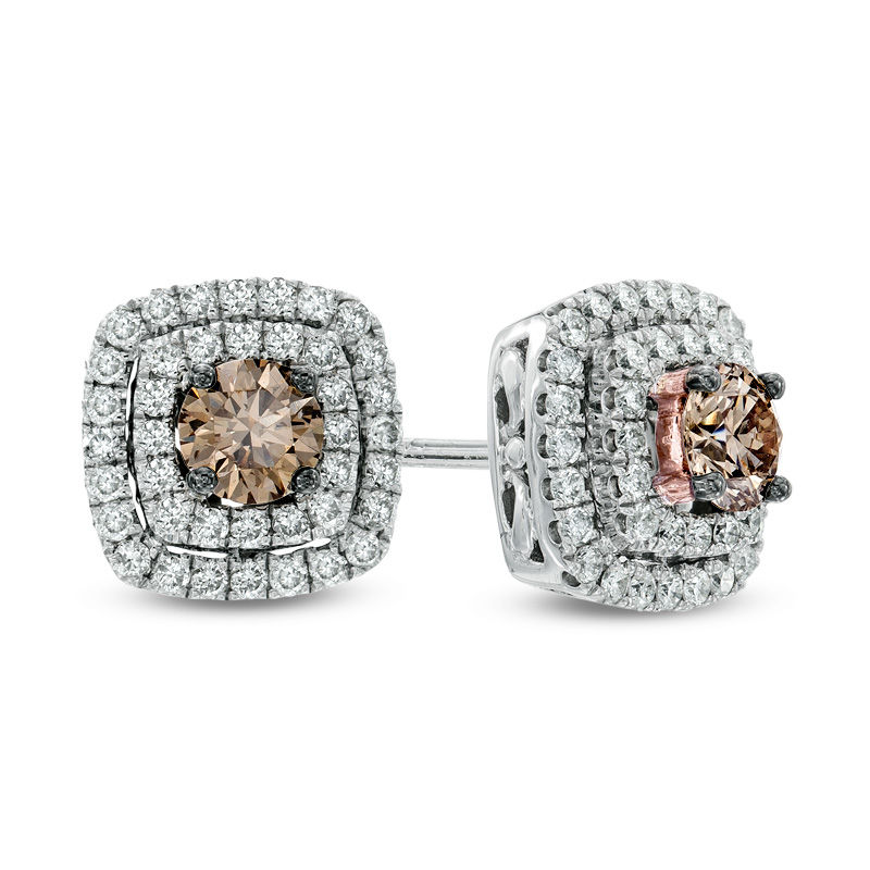 Main Image 1 of 1 CT. T.W. Champagne and White Diamond Double Cushion Frame Stud Earrings in 14K Two-Tone Gold