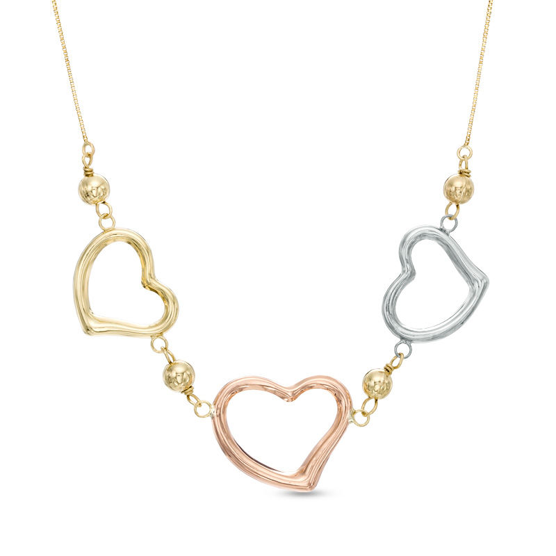 Main Image 1 of Triple Heart Necklace in 10K Tri-Tone Gold - 17"