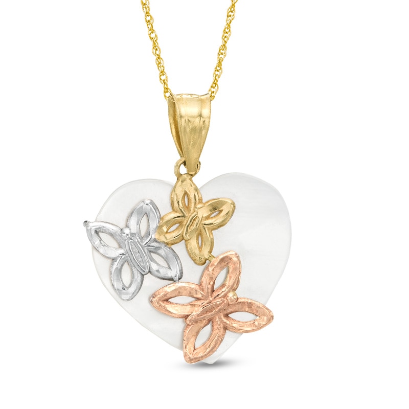 Main Image 1 of 15.0mm Heart-Shaped Mother-of-Pearl Butterfly Pendant in 10K Tri-Tone Gold
