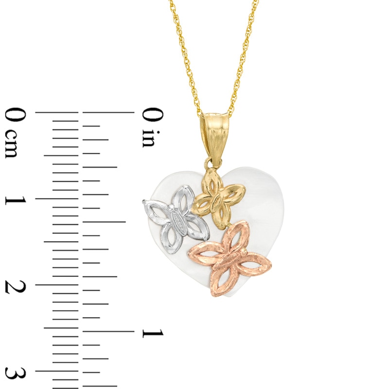 Main Image 2 of 15.0mm Heart-Shaped Mother-of-Pearl Butterfly Pendant in 10K Tri-Tone Gold