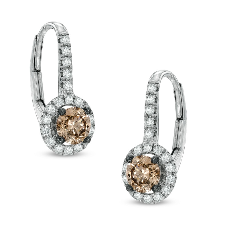 Main Image 1 of 7/8 CT. T.W. Champagne and White Diamond Frame Drop Earrings in 14K White Gold