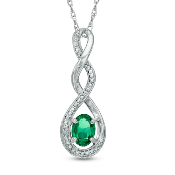 Oval Lab-Created Emerald and Diamond Accent Infinity Twist Pendant in Sterling Silver