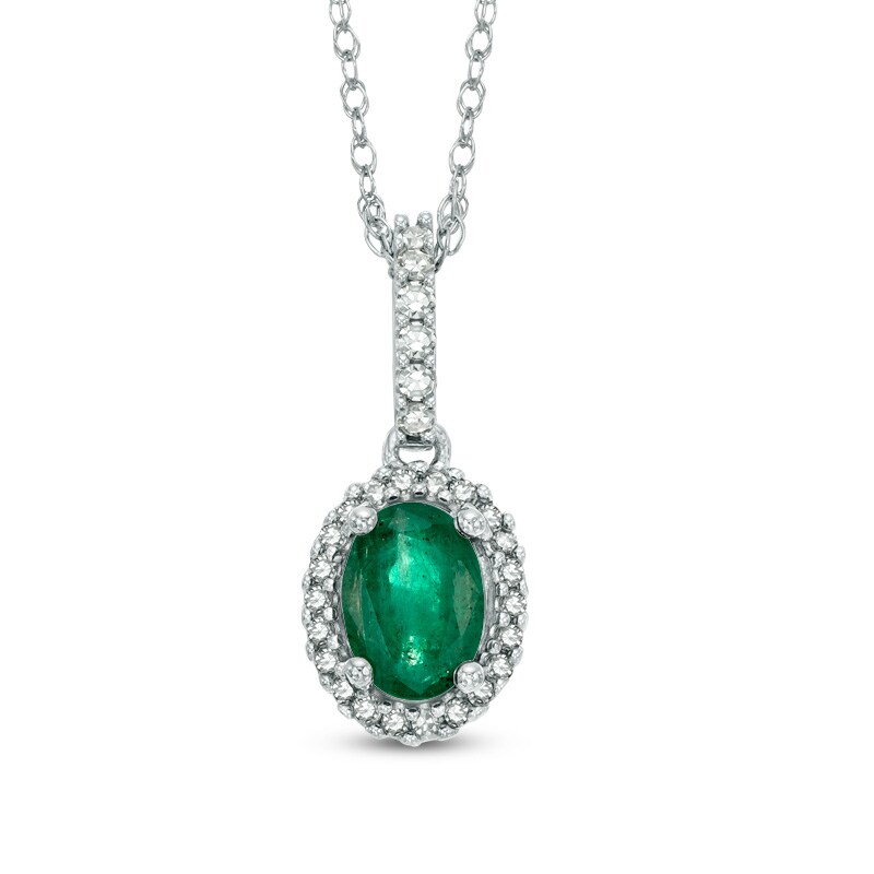 Main Image 1 of Oval Emerald and 1/6 CT. T.W. Diamond Frame Pendant in 14K White Gold