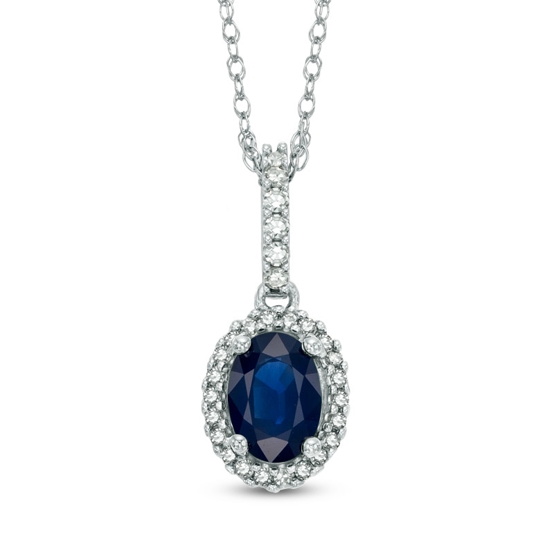 Oval Blue Sapphire and 1/6 CT. T.W. Diamond Frame Pendant in 14K White Gold