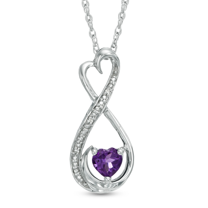 5.0mm Heart-Shaped Amethyst and Diamond Accent Infinity Heart "MOM" Pendant in Sterling Silver