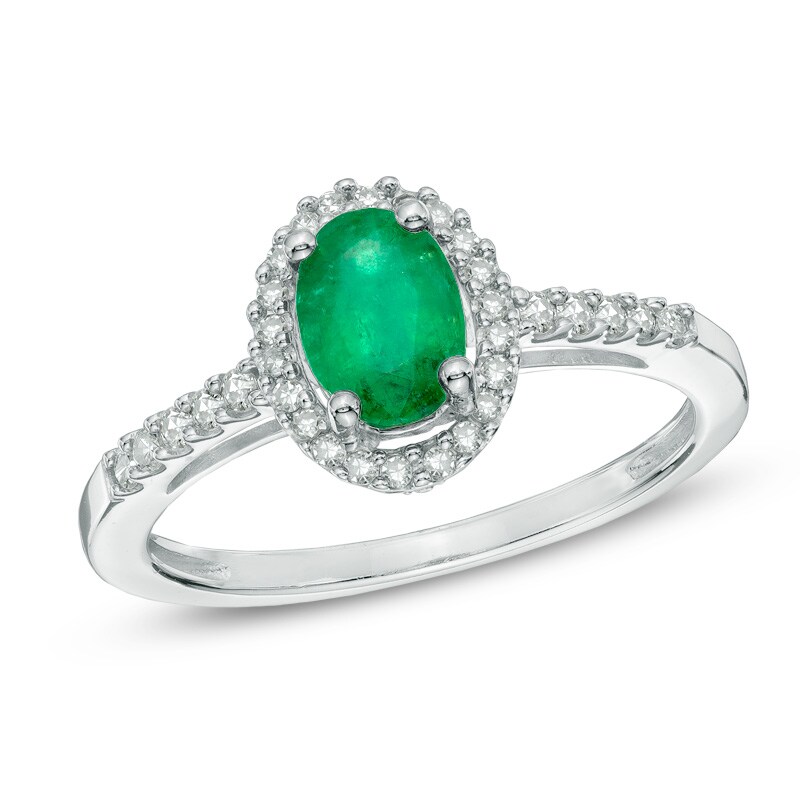 Main Image 1 of Oval Emerald and 1/5 CT. T.W. Diamond Frame Ring in 14K White Gold