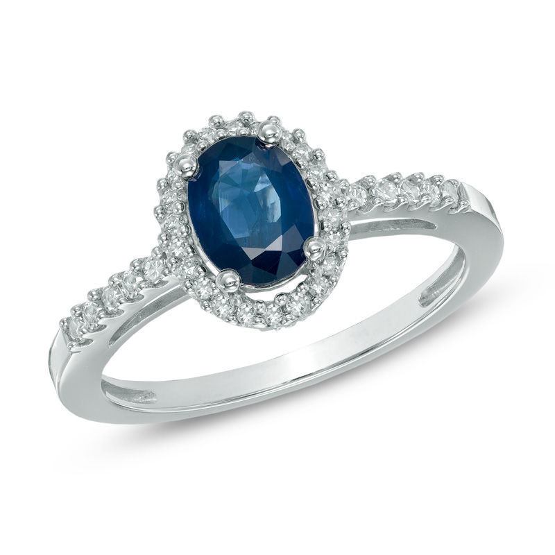 Main Image 1 of Oval Blue Sapphire and 1/5 CT. T.W. Diamond Frame Ring in 14K White Gold