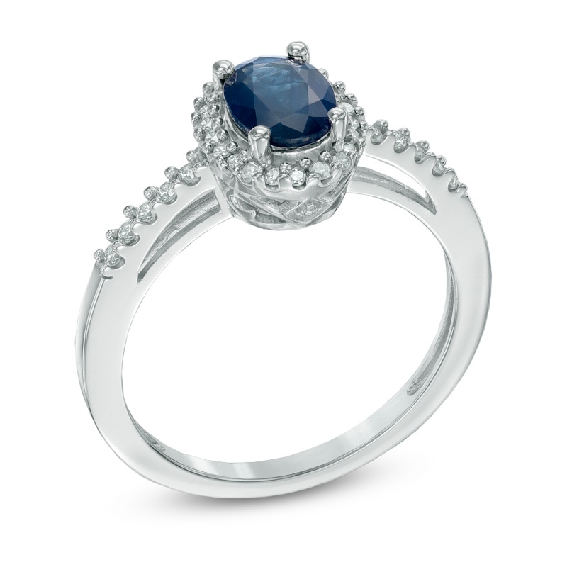 Main Image 2 of Oval Blue Sapphire and 1/5 CT. T.W. Diamond Frame Ring in 14K White Gold