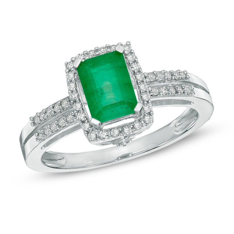 Emerald-Cut Emerald and 1/4 CT. T.W. Diamond Frame Ring in 14K White Gold