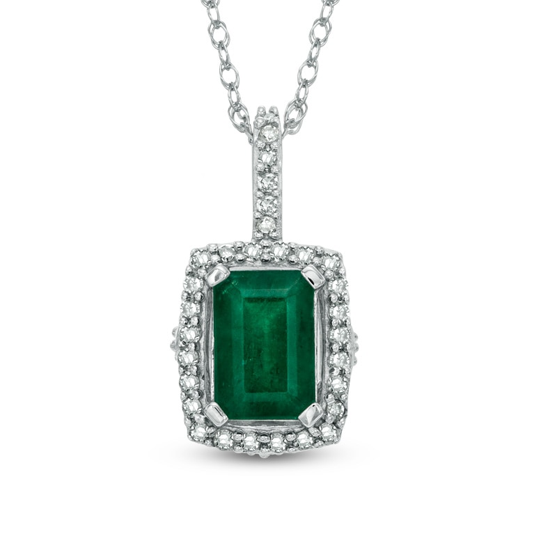Main Image 1 of Emerald-Cut Emerald and 1/6 CT. T.W. Diamond Frame Pendant in 14K White Gold