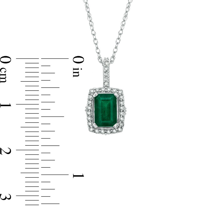 Main Image 2 of Emerald-Cut Emerald and 1/6 CT. T.W. Diamond Frame Pendant in 14K White Gold