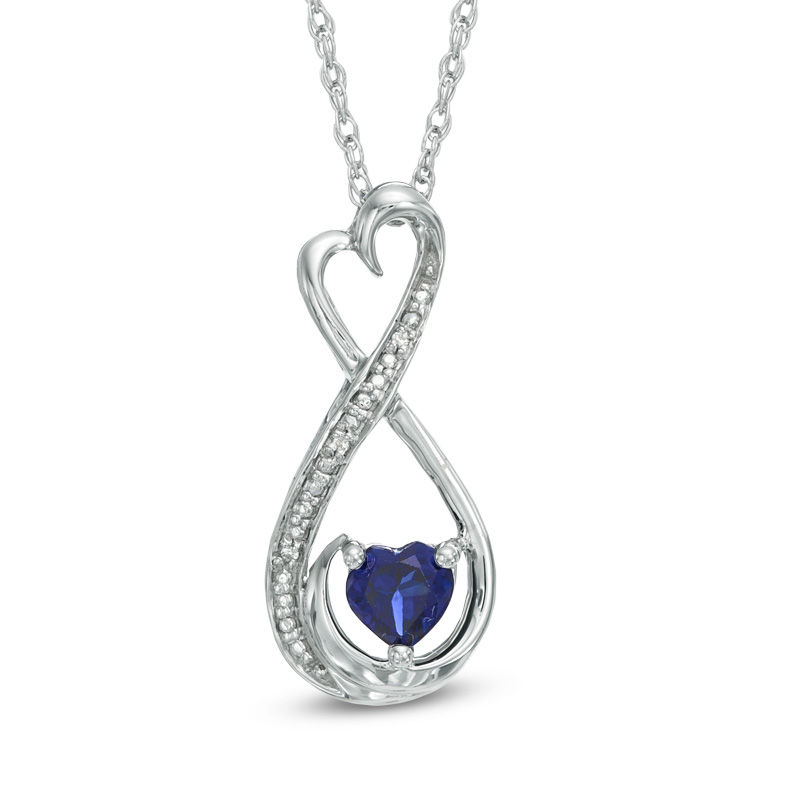 Main Image 1 of 5.0mm Heart-Shaped Lab-Created Blue Sapphire and Diamond Accent Infinity Heart "MOM" Pendant in Sterling Silver