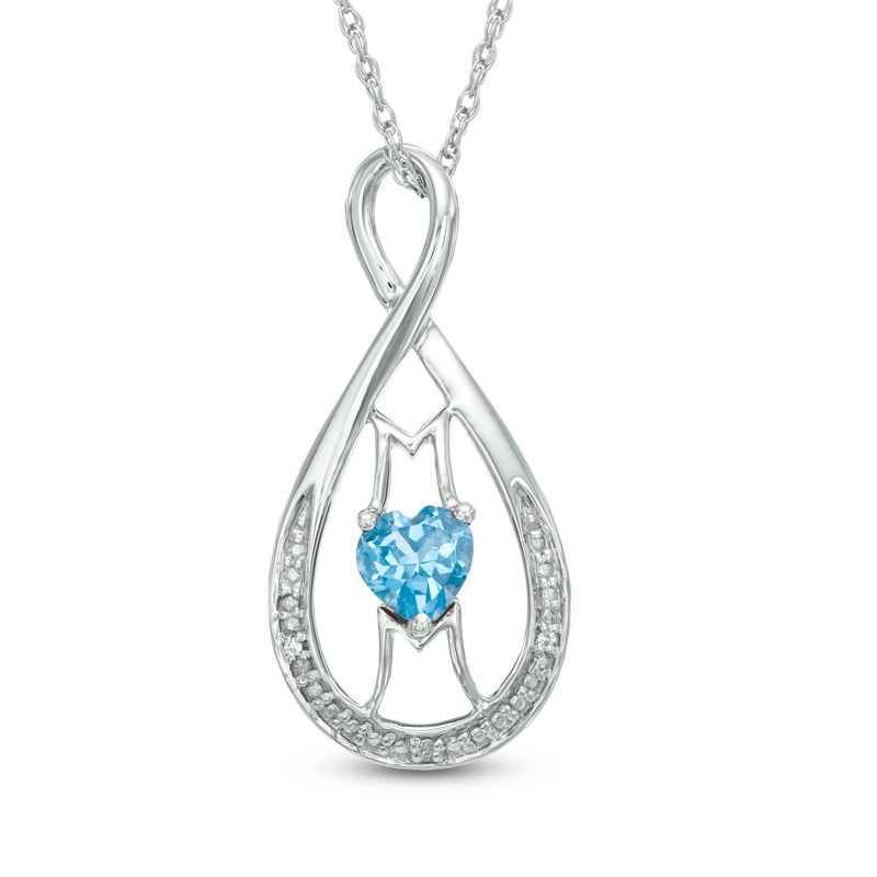 5.0mm Heart-Shaped Blue Topaz and Diamond Accent "MOM" Infinity Pendant in Sterling Silver