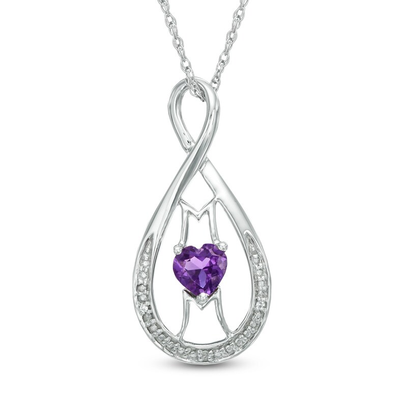 5.0mm Heart-Shaped Amethyst and Diamond Accent "MOM" Infinity Pendant in Sterling Silver