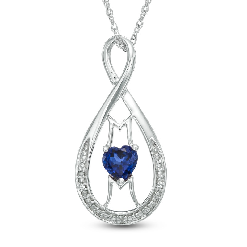 5.0mm Heart-Shaped Lab-Created Blue Sapphire and Diamond Accent "MOM" Infinity Pendant in Sterling Silver