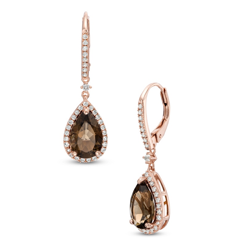 Main Image 1 of Pear-Shaped Smoky Quartz and Lab-Created White Sapphire Drop Earrings  in Sterling Silver with 14K Rose Gold Plate