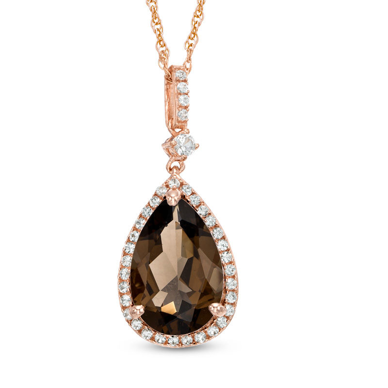 Main Image 1 of Pear-Shaped Smoky Quartz and Lab-Created White Sapphire Frame Pendant in Sterling Silver with 14K Rose Gold Plate