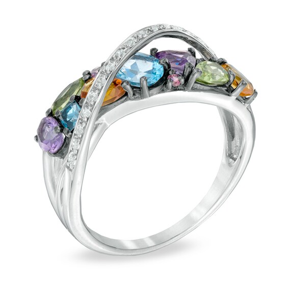 Multi-Gemstone and Lab-Created White Sapphire Cross-Over Ring in Sterling Silver