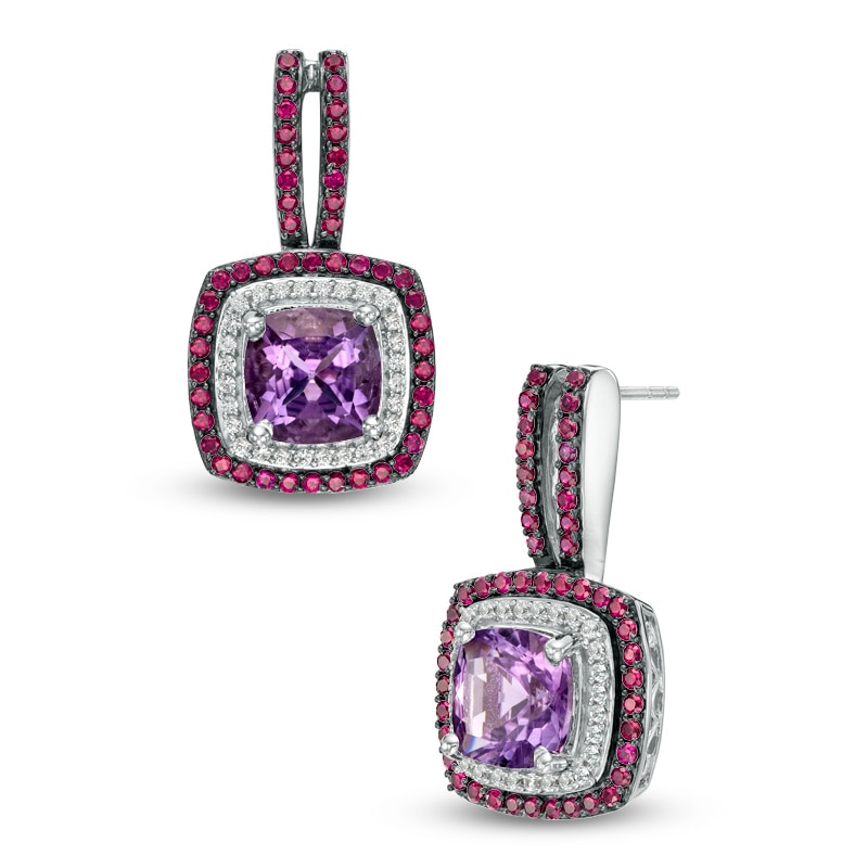 Main Image 1 of 8.0mm Cushion-Cut Amethyst, Lab-Created Ruby and White Sapphire Drop Earrings in Sterling Silver