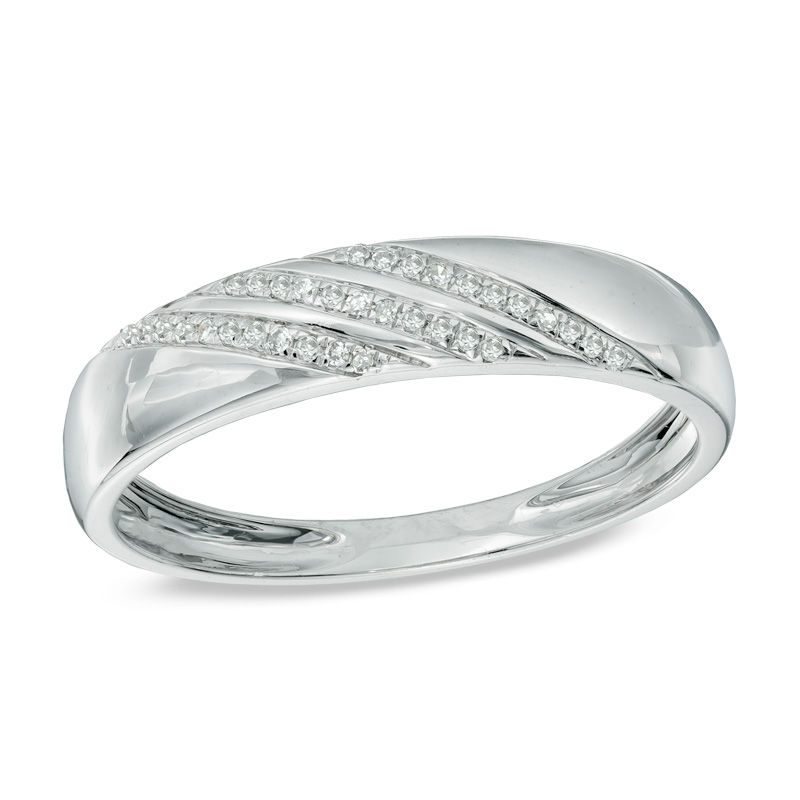 Mens Rings Zales Men S Diamond Accent Slant Striped Wedding Band In 10k White Gold