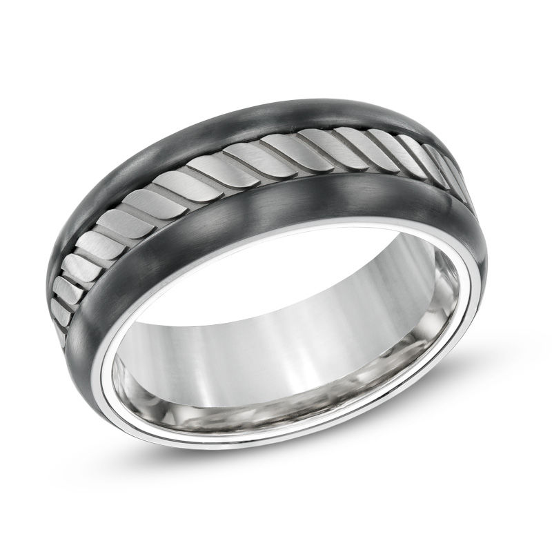 Main Image 1 of 6.0mm Tread Pattern Center Stripe Two-Tone Titanium Ring - Size 10