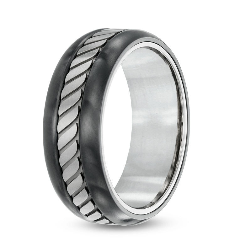 Main Image 2 of 6.0mm Tread Pattern Center Stripe Two-Tone Titanium Ring - Size 10