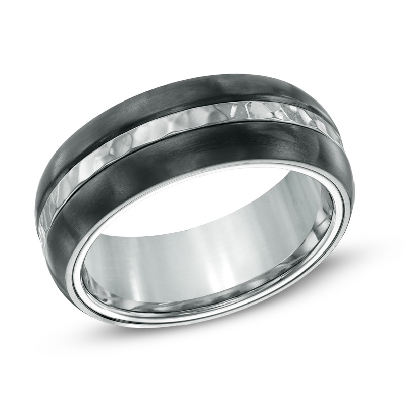 Main Image 1 of Men's 8.0mm Hammered Center Stripe Two-Tone Titanium Ring - Size 10