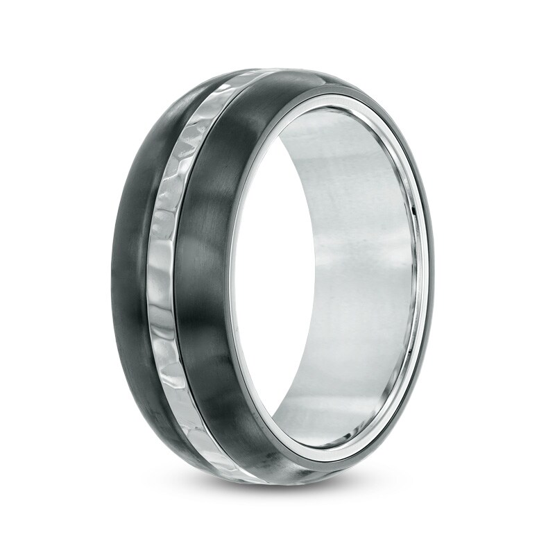 Main Image 2 of Men's 8.0mm Hammered Center Stripe Two-Tone Titanium Ring - Size 10