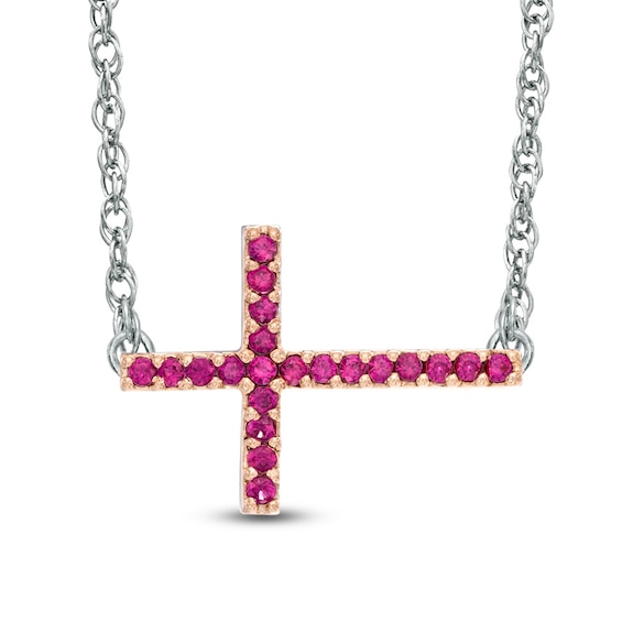 Lab-Created Ruby Sideways Cross Necklace in Sterling Silver