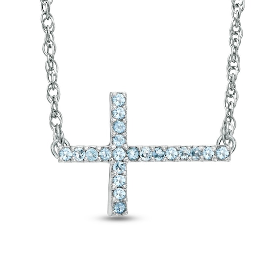 Aquamarine Sideways Cross Necklace in Sterling Silver