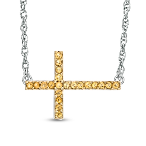 Citrine Sideways Cross Necklace in Sterling Silver