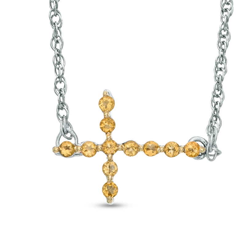 Citrine Sideways Cross Necklace in Sterling Silver