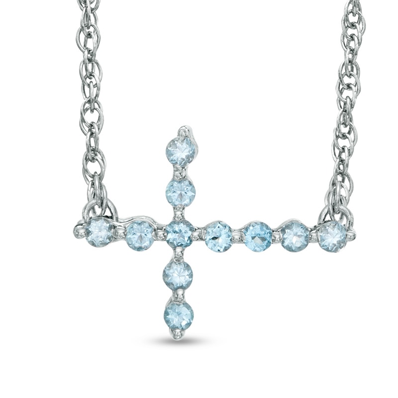 Aquamarine Sideways Cross Necklace in Sterling Silver