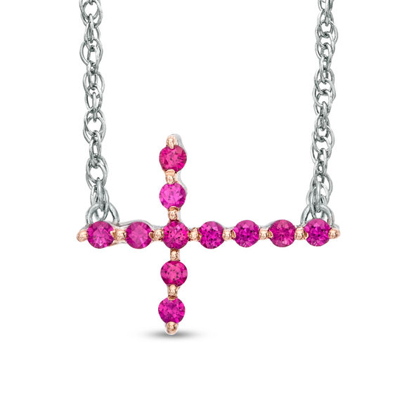 Lab-Created Ruby Sideways Cross Necklace in Sterling Silver