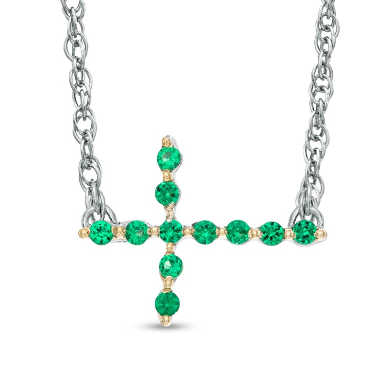 Main Image 1 of Lab-Created Emerald Sideways Cross Necklace in Sterling Silver