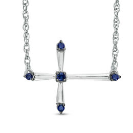 Lab-Created Blue Sapphire Sideways Cross Necklace in Sterling Silver