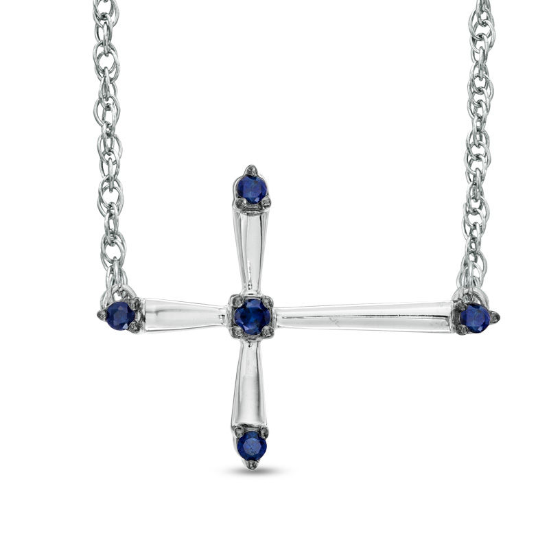 Main Image 1 of Lab-Created Blue Sapphire Sideways Cross Necklace in Sterling Silver