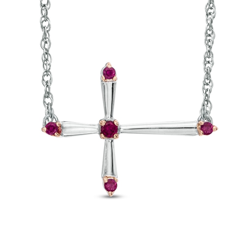 Lab-Created Ruby Sideways Cross Necklace in Sterling Silver